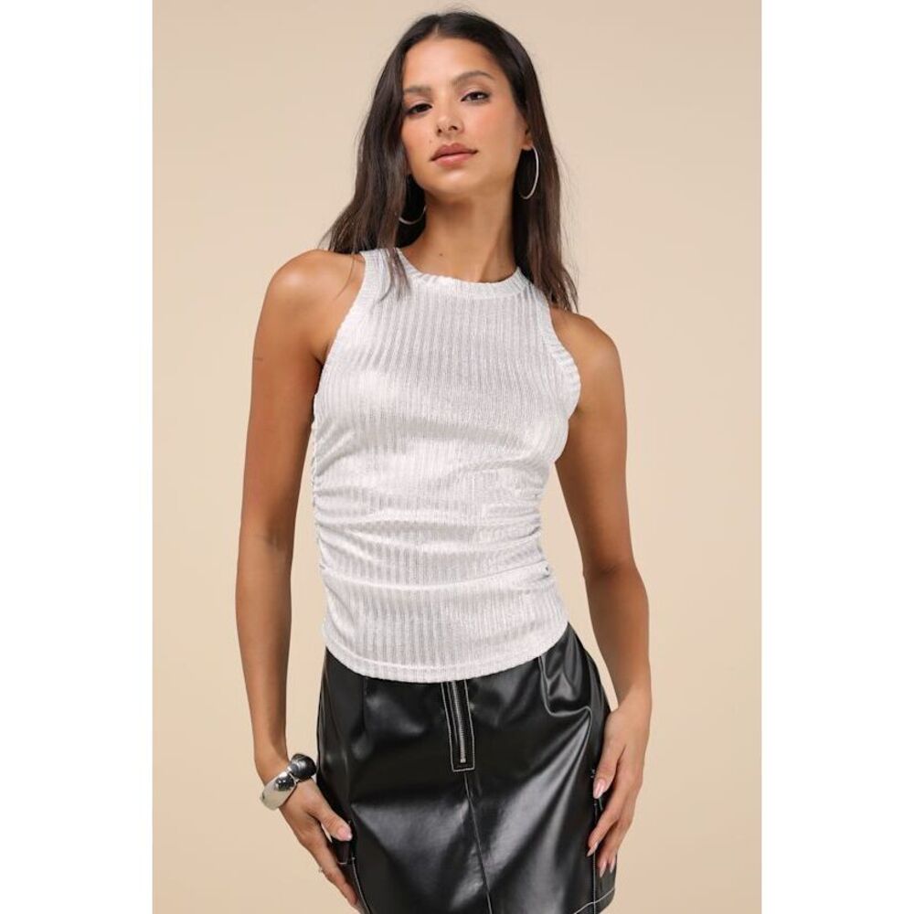 Lulus Limelight Vibes Metallic White Tank Top - Size M